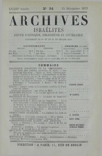 Archives israélites de France. Vol.33 N°24 (15 déc. 1872)